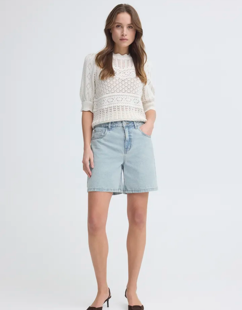 B.Young Kielo Embroidered Denim Shorts in Light Blue Denim