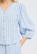 B.Young Falakka Linen Blend Puff Sleeve Shirt in Della Robbia Blue Check