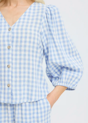 B.Young Falakka Linen Blend Puff Sleeve Gingham Shirt