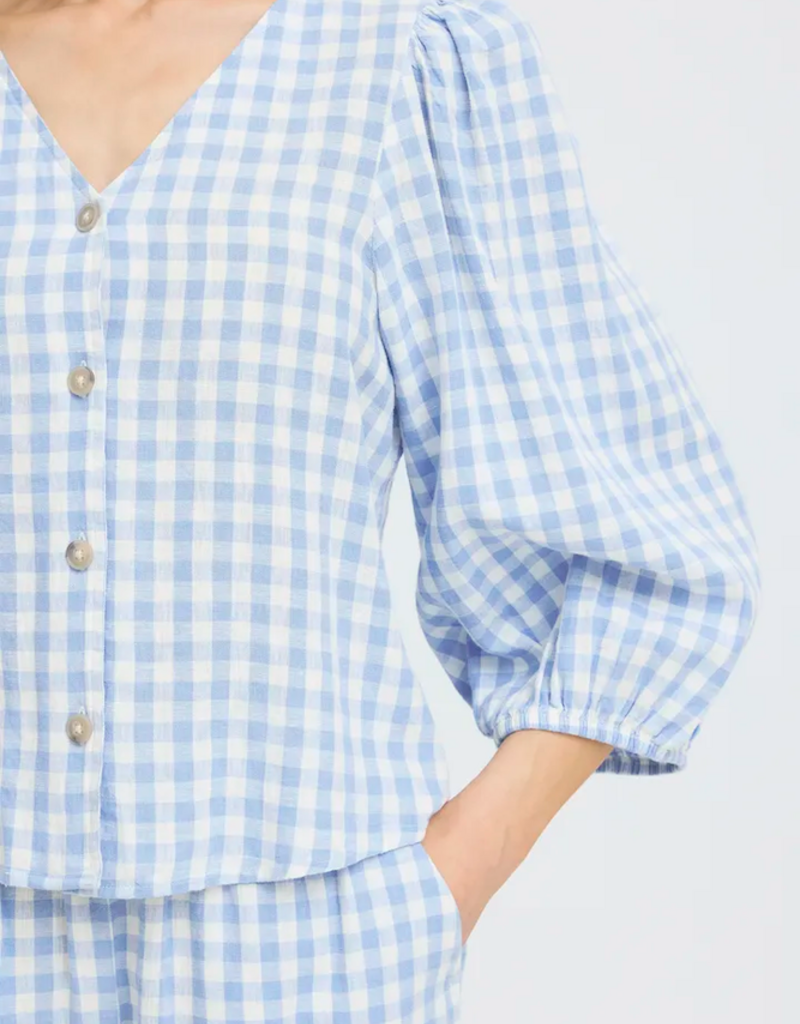 B.Young Falakka Linen Blend Puff Sleeve Shirt in Della Robbia Blue Check
