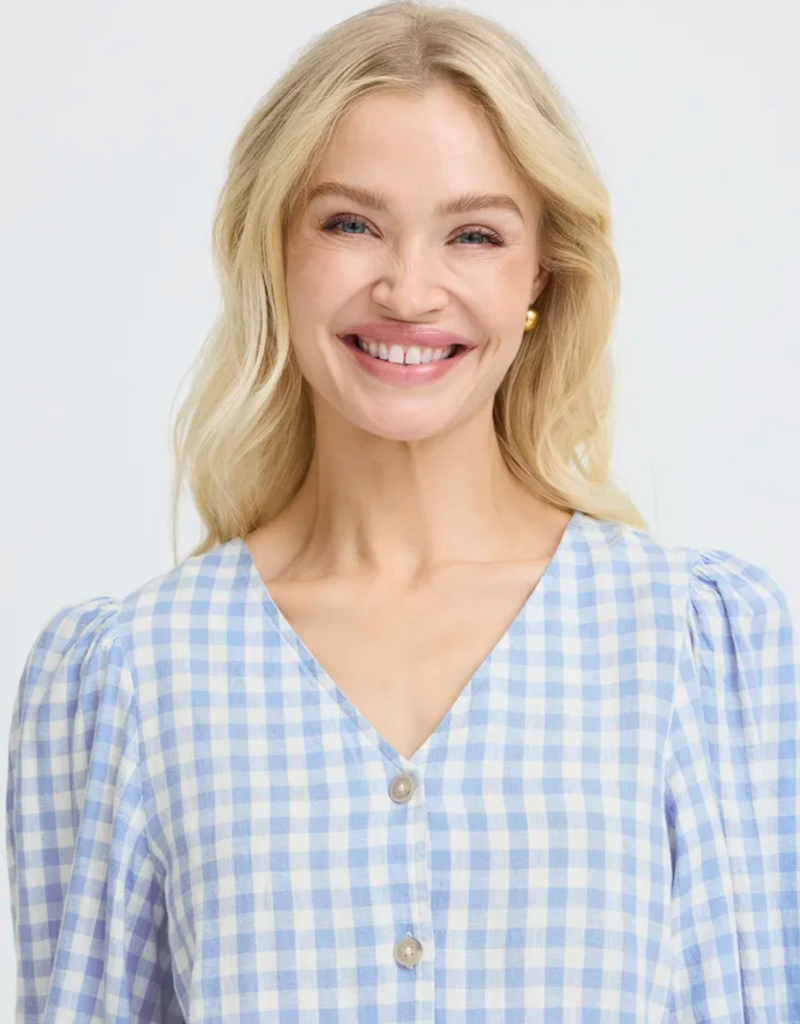 B.Young Falakka Linen Blend Puff Sleeve Shirt in Della Robbia Blue Check