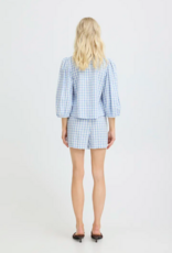 B.Young Falakka Linen Blend Puff Sleeve Shirt in Della Robbia Blue Check