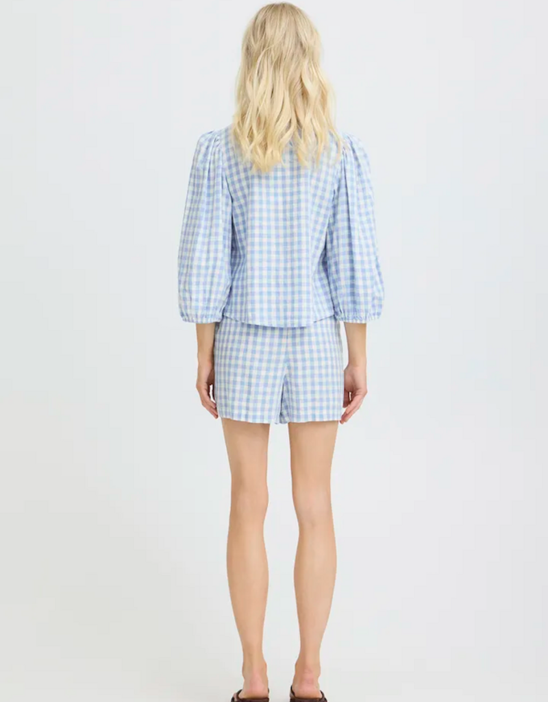 B.Young Falakka Linen Blend Puff Sleeve Shirt in Della Robbia Blue Check