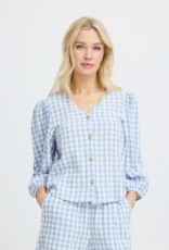 B.Young Falakka Linen Blend Puff Sleeve Shirt in Della Robbia Blue Check