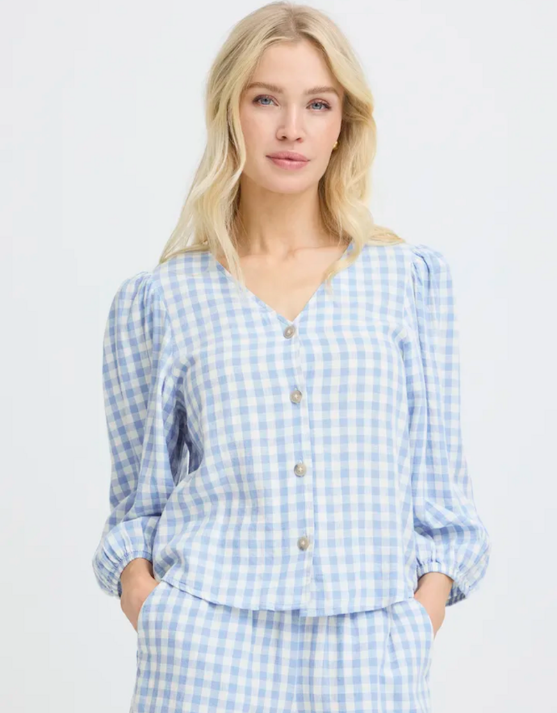 B.Young Falakka Linen Blend Puff Sleeve Shirt in Della Robbia Blue Check
