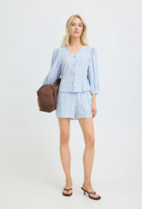 B.Young Falakka Linen Blend Puff Sleeve Shirt in Della Robbia Blue Check