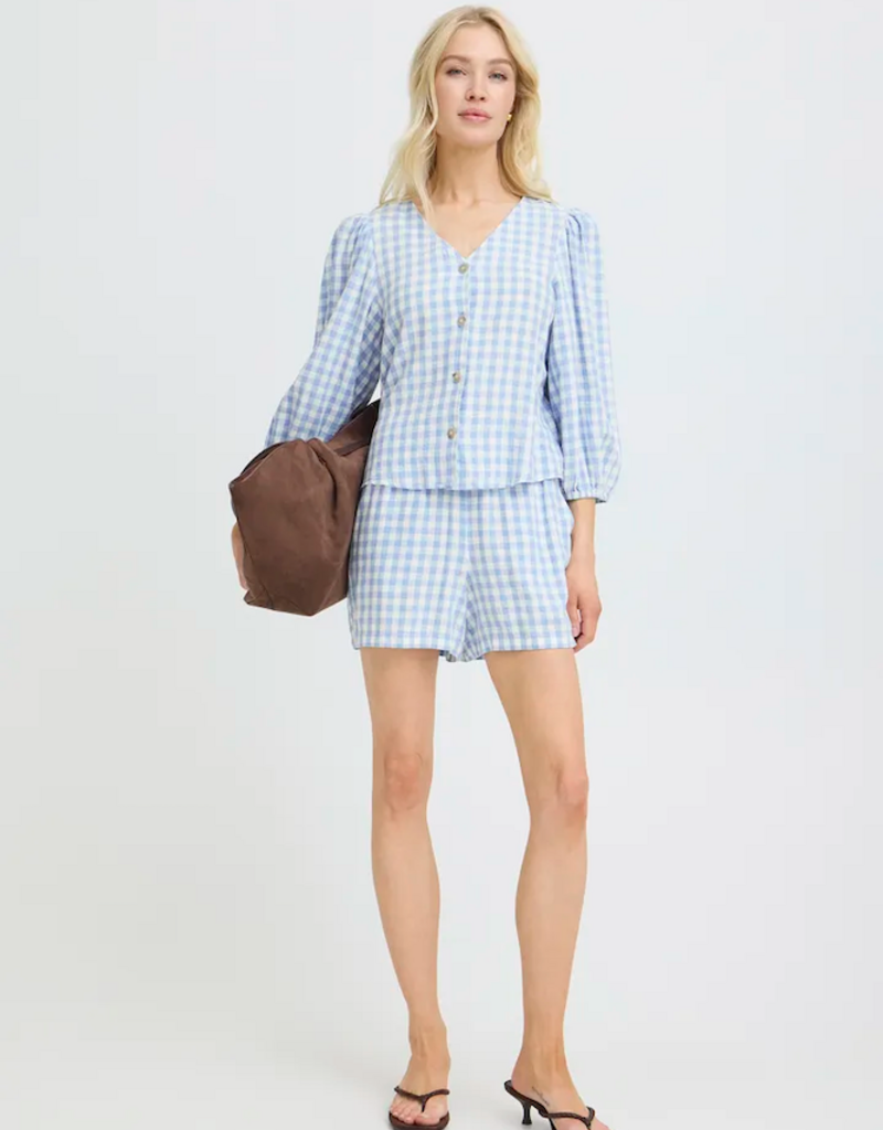 B.Young Falakka Linen Blend Puff Sleeve Shirt in Della Robbia Blue Check
