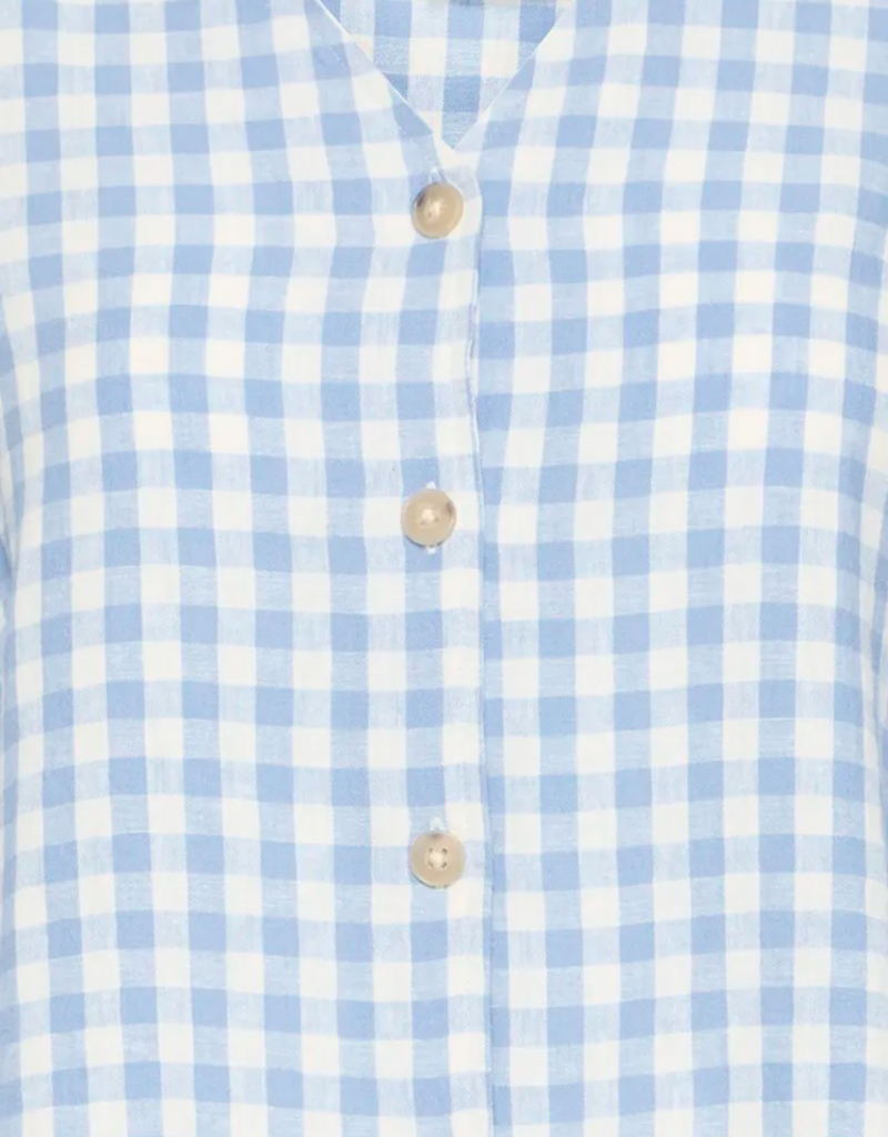 B.Young Falakka Linen Blend Puff Sleeve Shirt in Della Robbia Blue Check