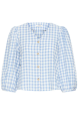 B.Young Falakka Linen Blend Puff Sleeve Shirt in Della Robbia Blue Check