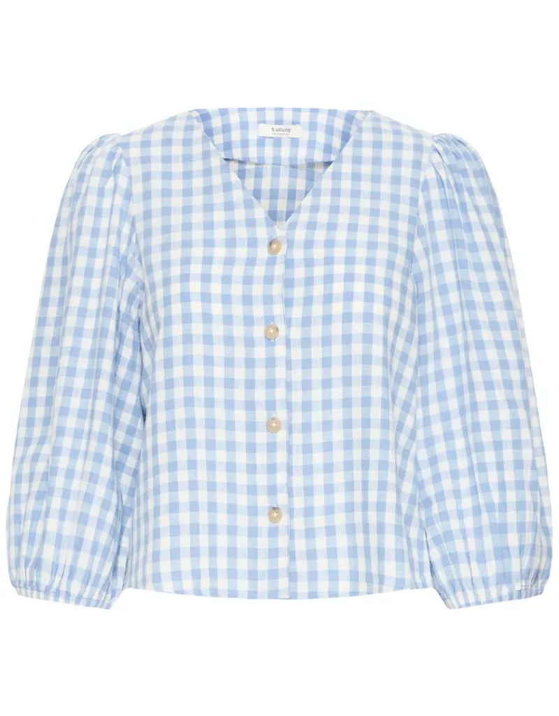 B.Young Falakka Linen Blend Puff Sleeve Shirt in Della Robbia Blue Check