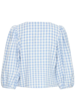 B.Young Falakka Linen Blend Puff Sleeve Shirt in Della Robbia Blue Check