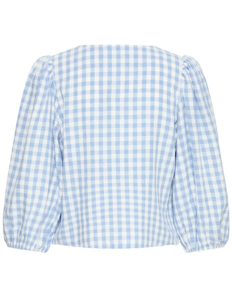 B.Young Falakka Linen Blend Puff Sleeve Shirt in Della Robbia Blue Check