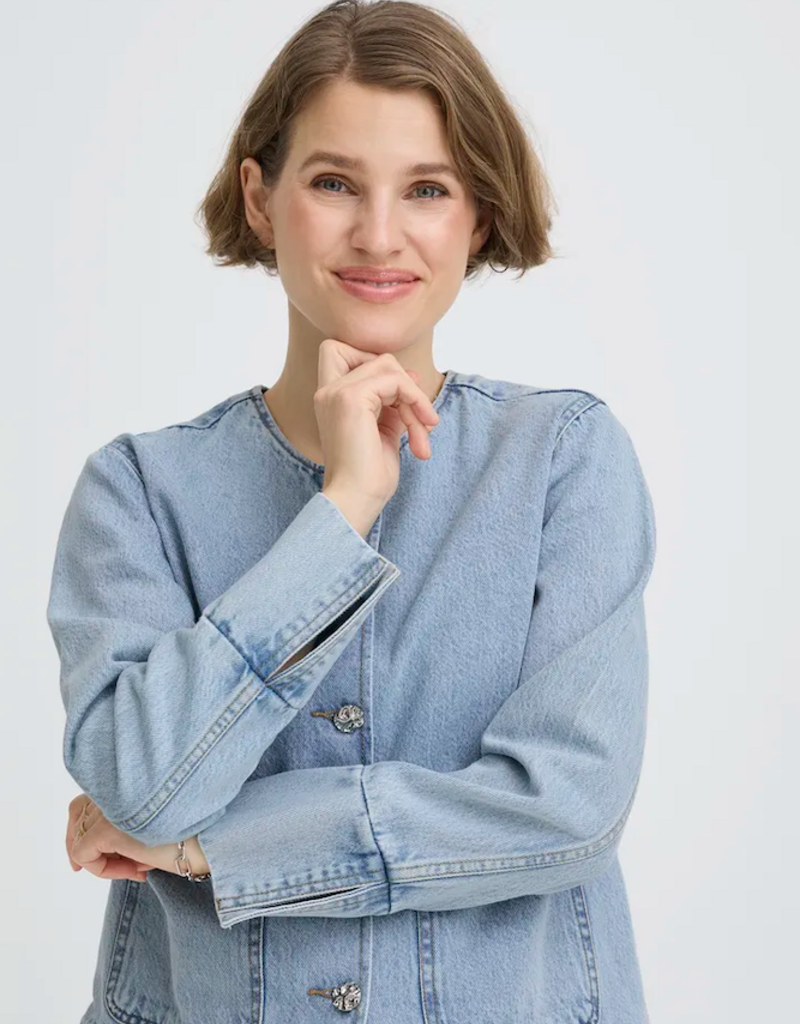B.Young Kacila 100% Cotton Denim Jacket With Patch Pockets in Light Blue