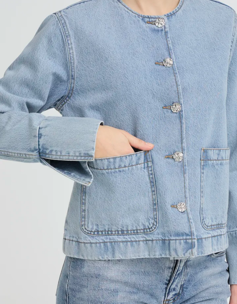 B.Young Kacila 100% Cotton Denim Jacket With Patch Pockets in Light Blue