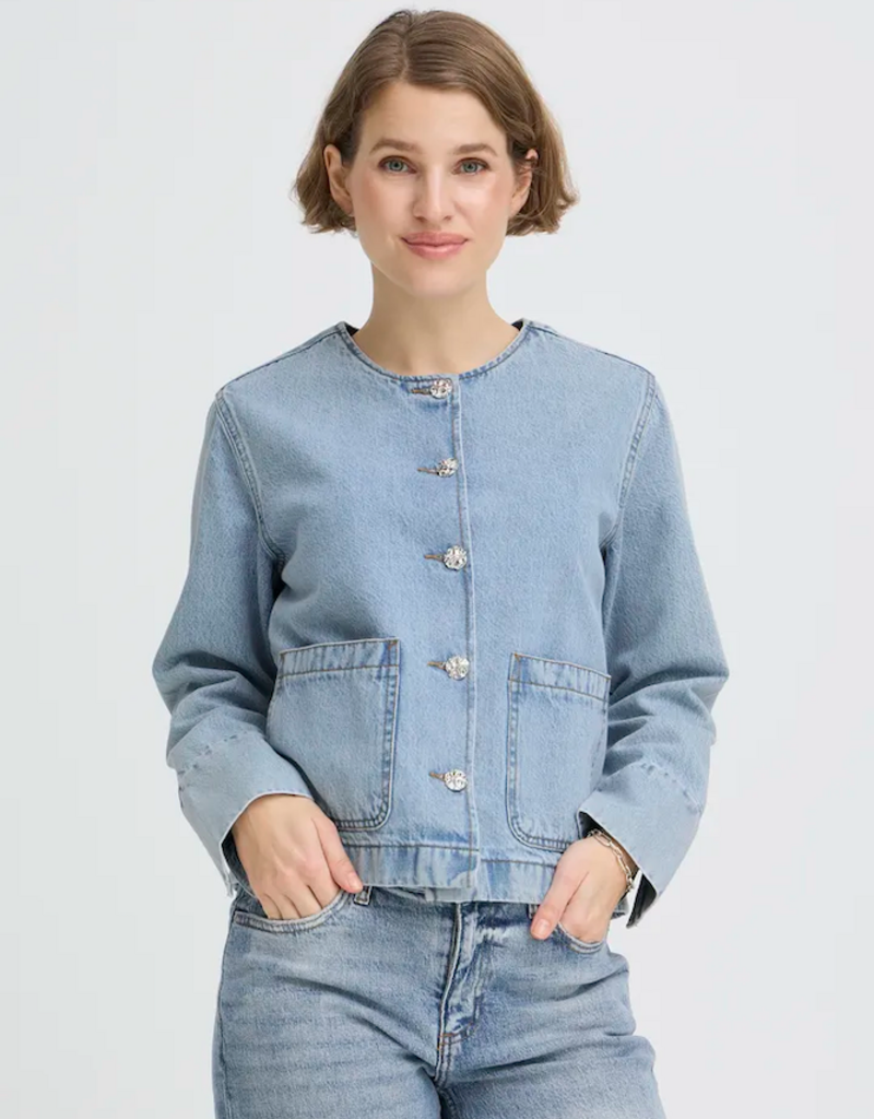 B.Young Kacila 100% Cotton Denim Jacket With Patch Pockets in Light Blue