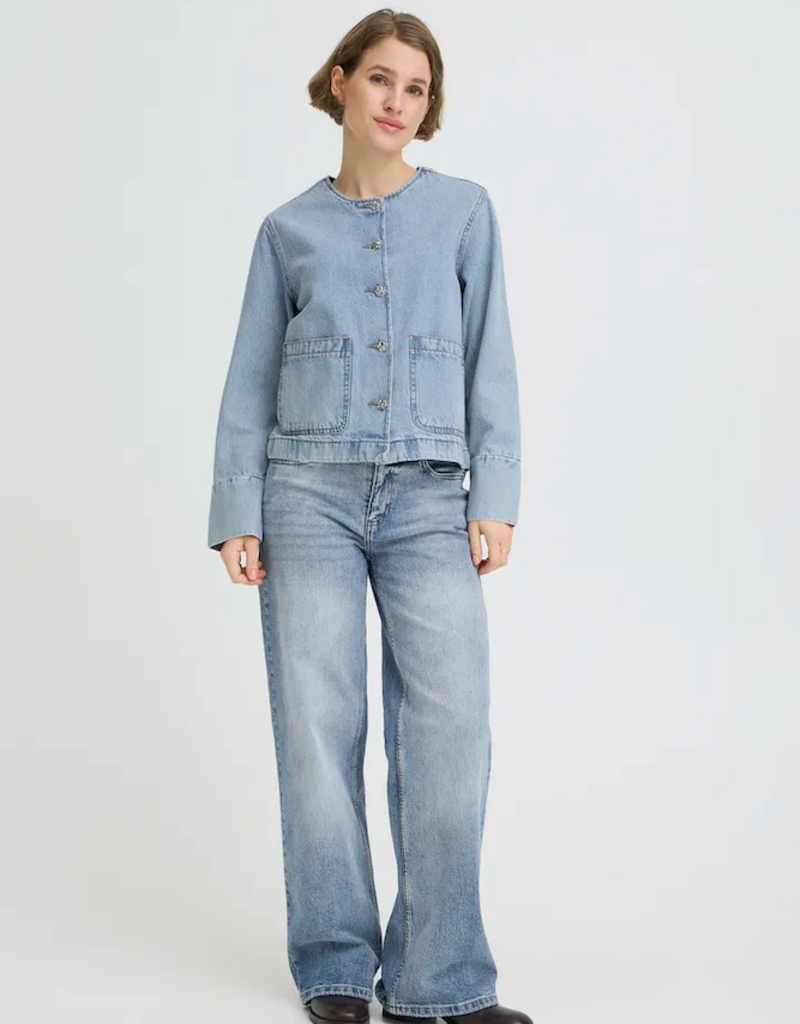 B.Young Kacila 100% Cotton Denim Jacket With Patch Pockets in Light Blue
