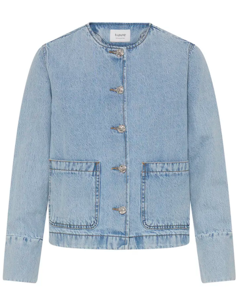 B.Young Kacila 100% Cotton Denim Jacket With Patch Pockets in Light Blue