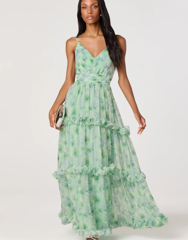 ASTR Ayanna Floral Pleated Tiered Maxi Dress in Green Floral