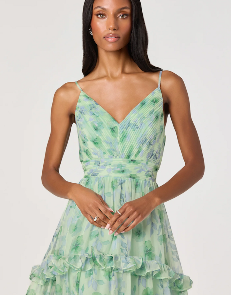 ASTR Ayanna Floral Pleated Tiered Maxi Dress in Green Floral