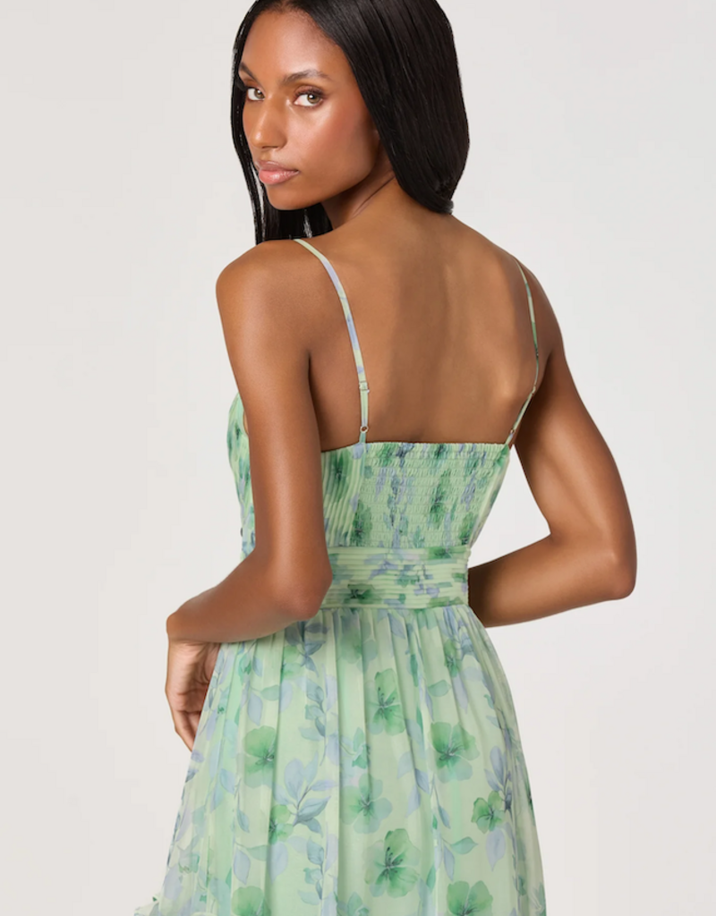 ASTR Ayanna Floral Pleated Tiered Maxi Dress in Green Floral