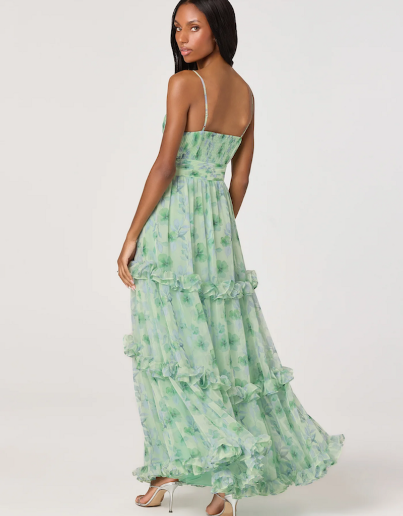 ASTR Ayanna Floral Pleated Tiered Maxi Dress in Green Floral