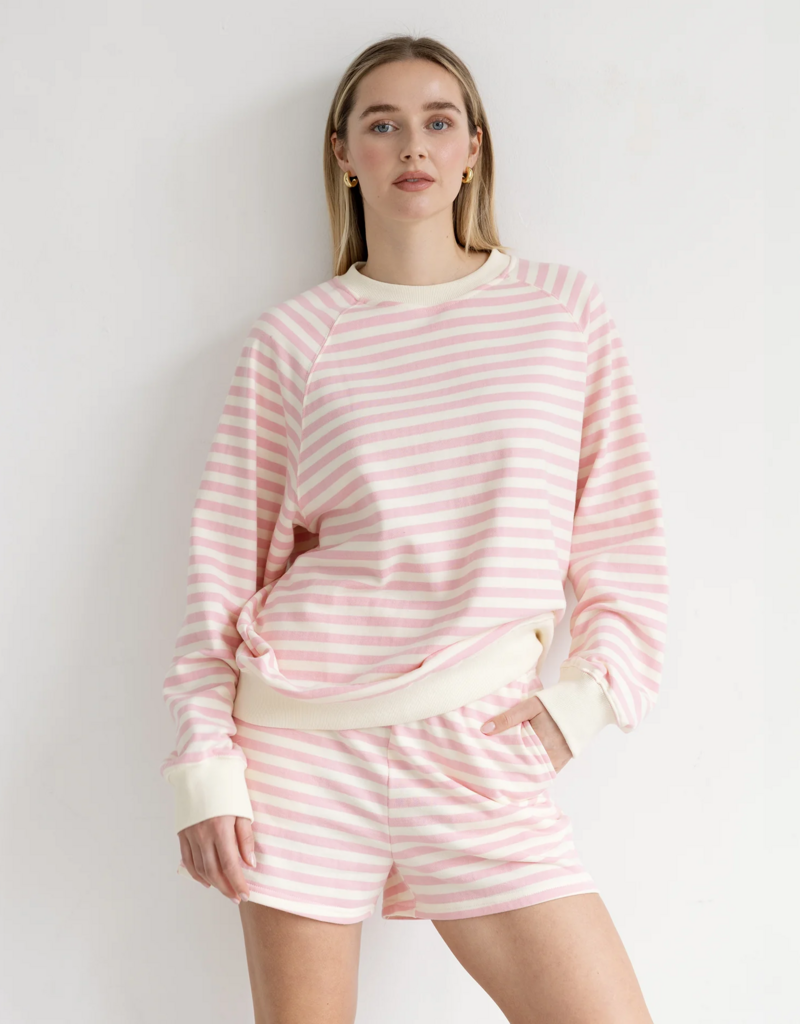 Brunette the Label Striped Crew in Pink w/ Cream Stripe