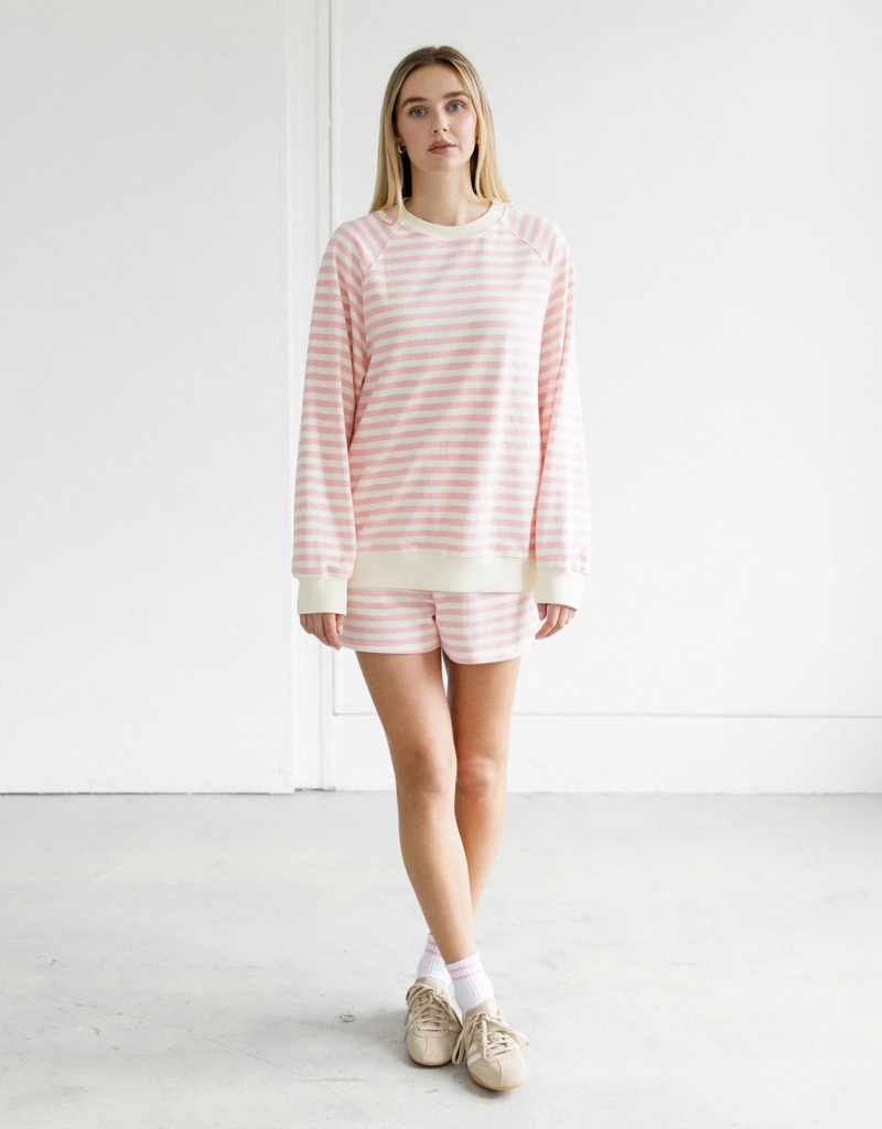 Brunette the Label Striped Crew in Pink w/ Cream Stripe