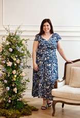 Louizon Kleya Cap Sleeve Printed Maxi Dress with Belt Detail in Blue Mix