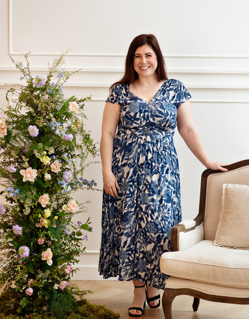 Louizon Kleya Cap Sleeve Printed Maxi Dress with Belt Detail in Blue Mix
