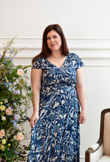 Louizon Kleya Cap Sleeve Printed Maxi Dress with Belt Detail in Blue Mix