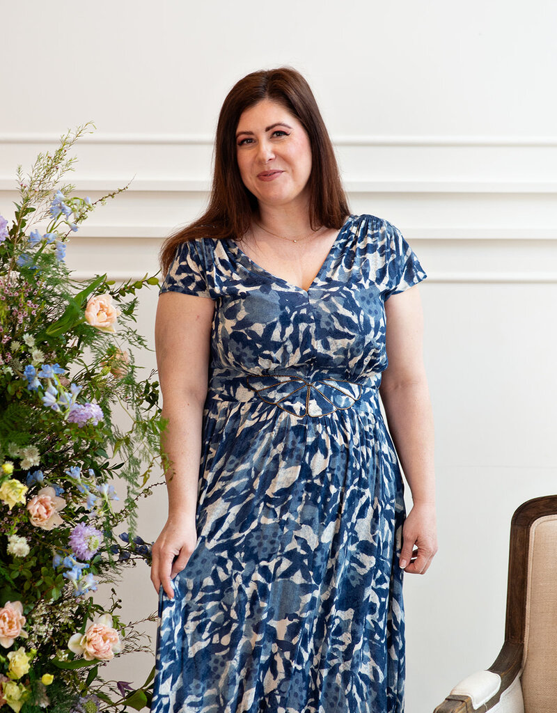 Louizon Kleya Cap Sleeve Printed Maxi Dress with Belt Detail in Blue Mix