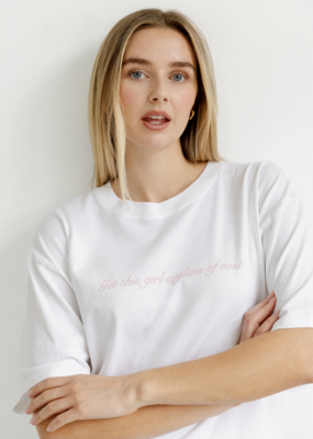 Brunette the Label Glass of Rosé Boxy Tee in White w/ Pink
