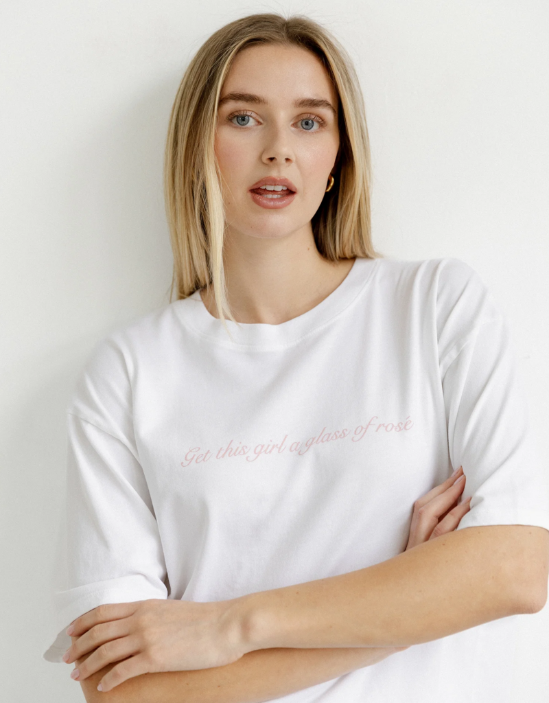 Brunette the Label Glass of Rosé Boxy Tee in White w/ Pink