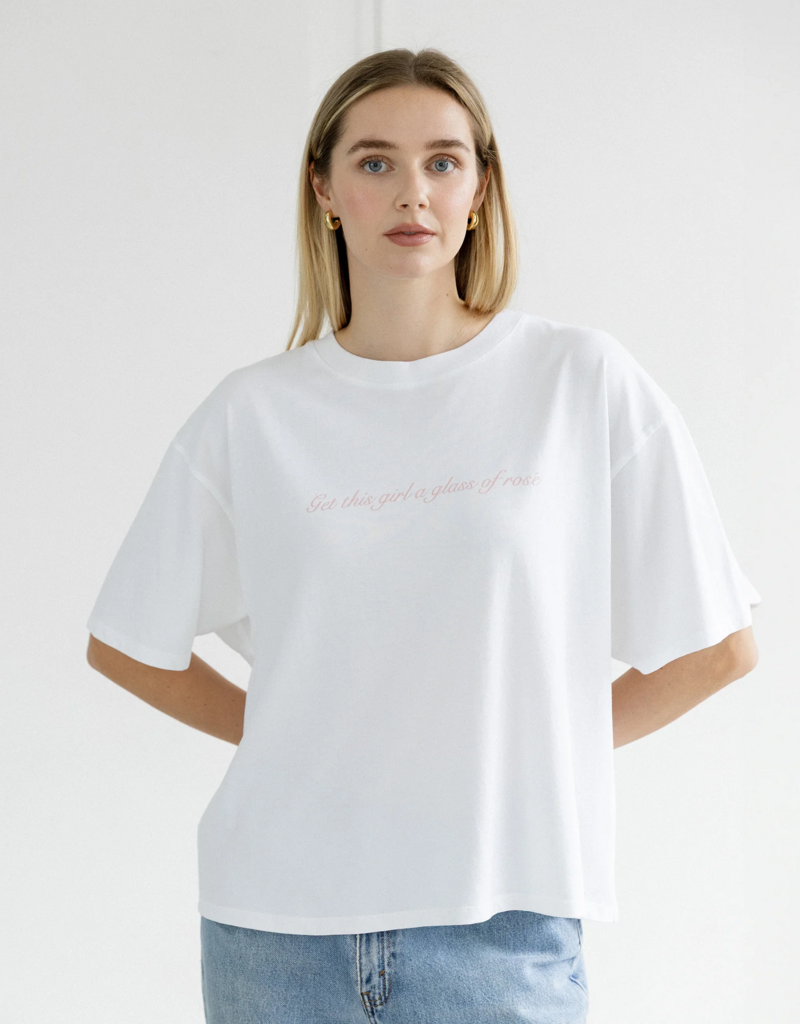 Brunette the Label Glass of Rosé Boxy Tee in White w/ Pink