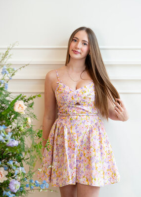 ASTR Isha Floral Sweetheart Mini Dress with Belt