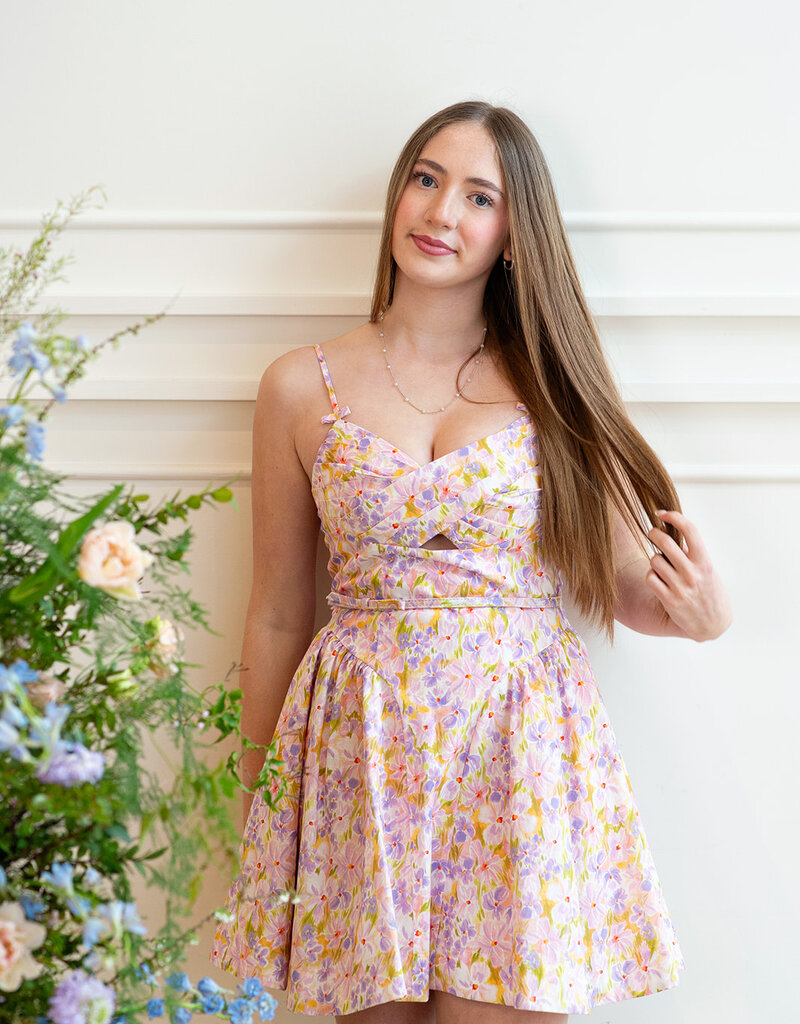 ASTR Isha Floral Sweetheart Mini Dress with Belt