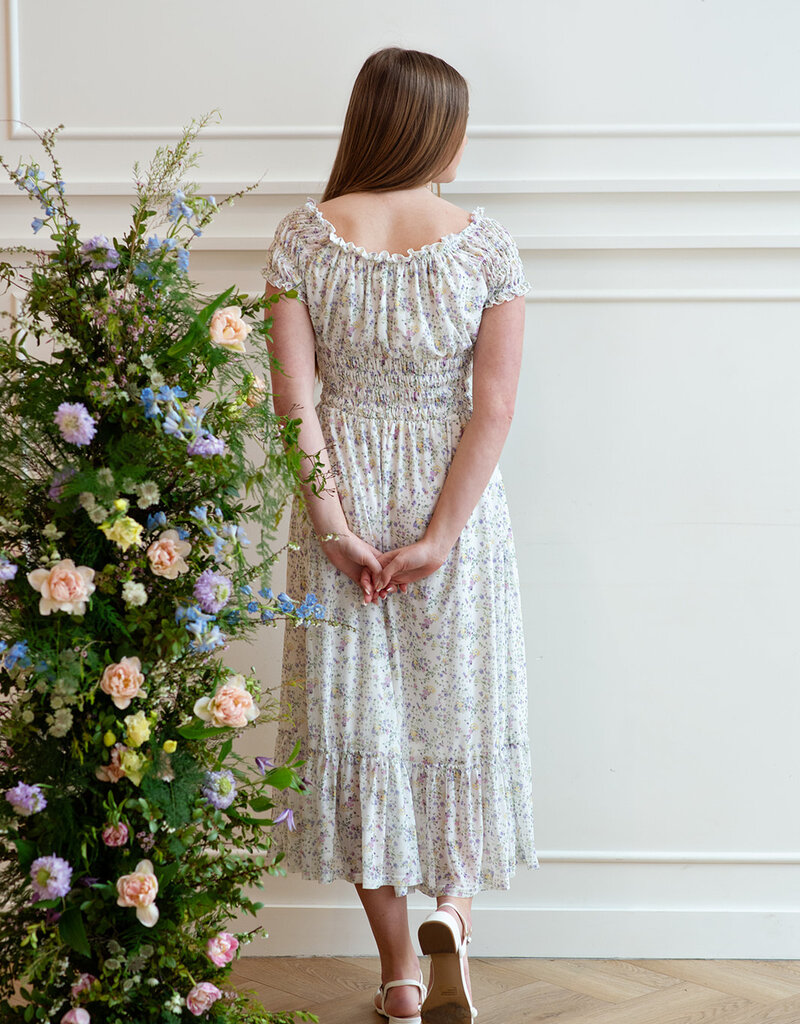 Angel Eye Genoa Shirred Off-The-Shoulder Midi Dress in Multi Ditzy Floral