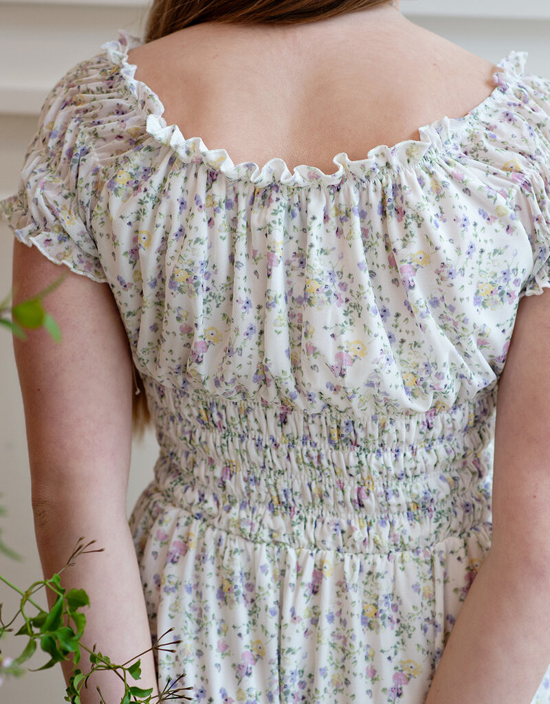 Angel Eye Genoa Shirred Off-The-Shoulder Midi Dress in Multi Ditzy Floral