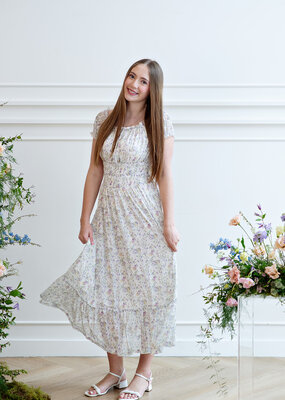 Angel Eye Genoa Shirred Off-The-Shoulder Midi Dress in Multi Ditzy Floral