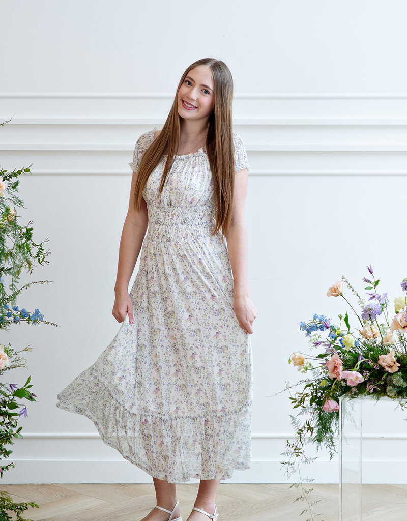 Angel Eye Genoa Shirred Off-The-Shoulder Midi Dress in Multi Ditzy Floral