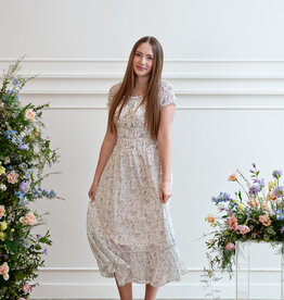 Angel Eye Genoa Shirred Off-The-Shoulder Midi Dress in Multi Ditzy Floral