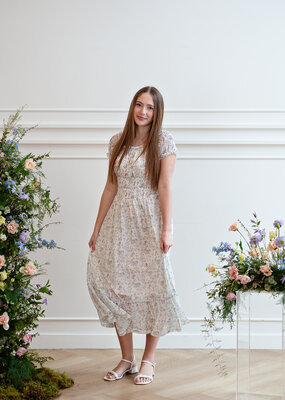 Angel Eye Genoa Shirred Off-The-Shoulder Midi Dress in Multi Ditzy Floral
