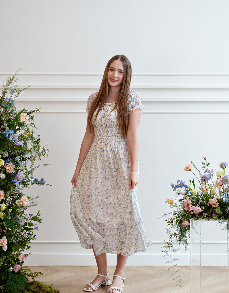 Angel Eye Genoa Shirred Off-The-Shoulder Midi Dress in Multi Ditzy Floral