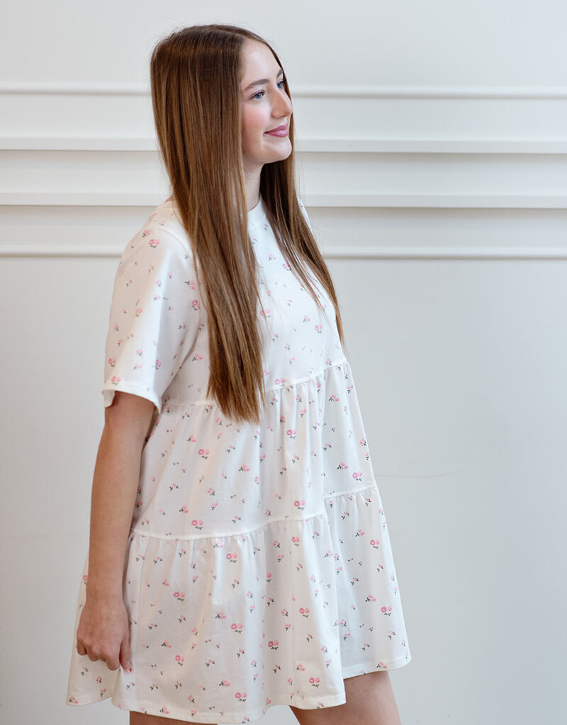 Brunette the Label Tiered Dress in Cream with Pink