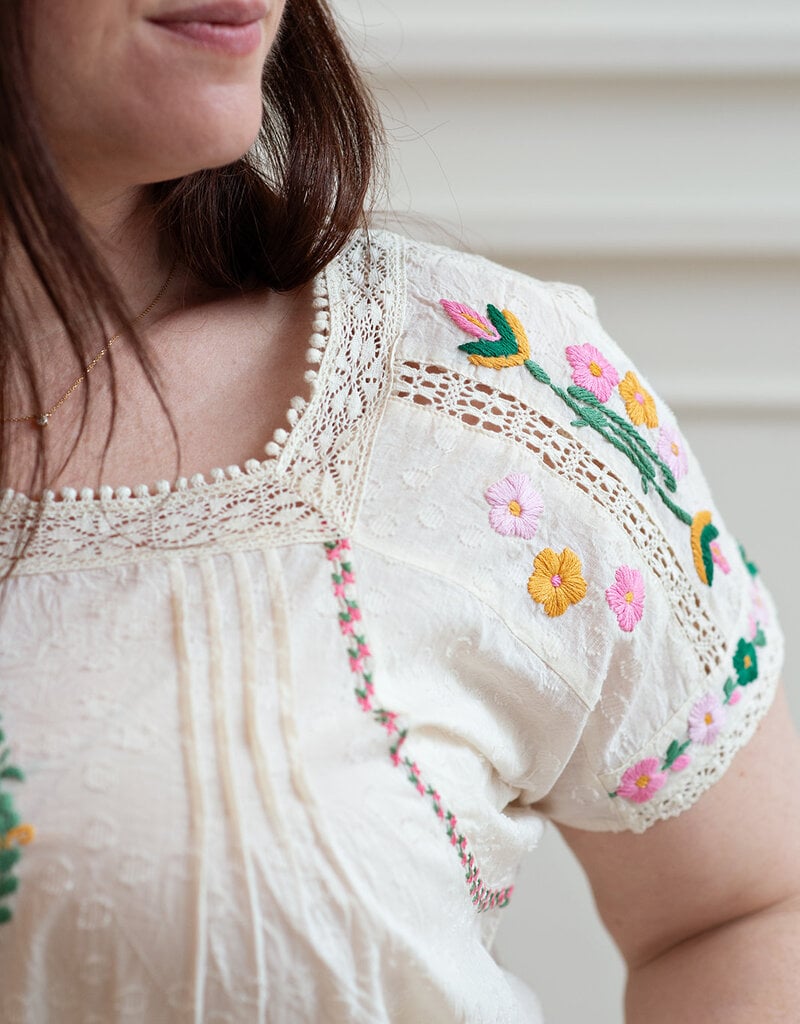 Louizon Wish Embroidered Short Sleeve Blouse in Vanilla