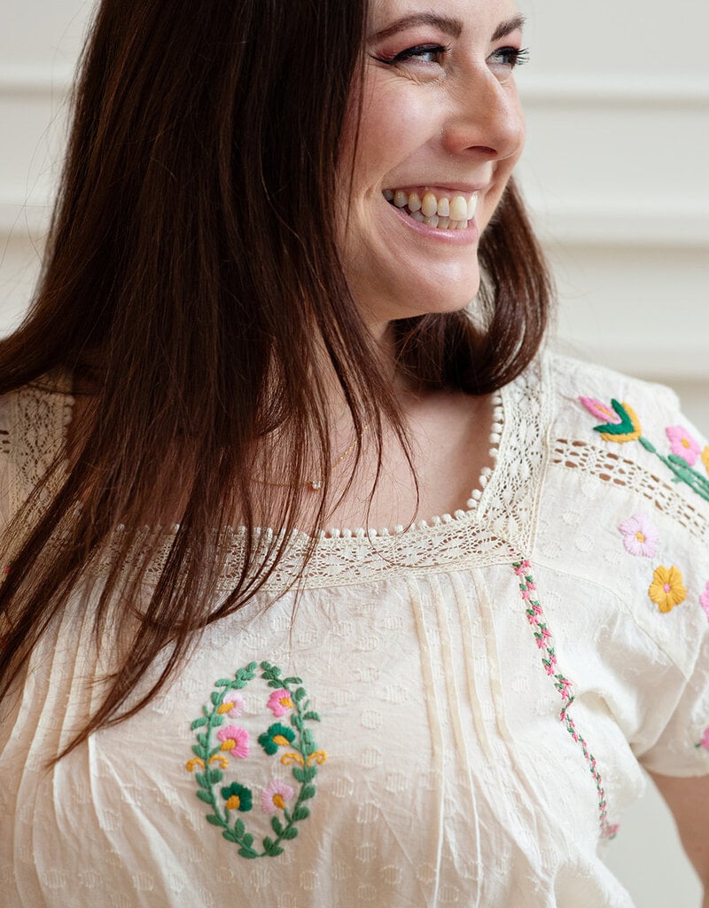 Louizon Wish Embroidered Short Sleeve Blouse in Vanilla