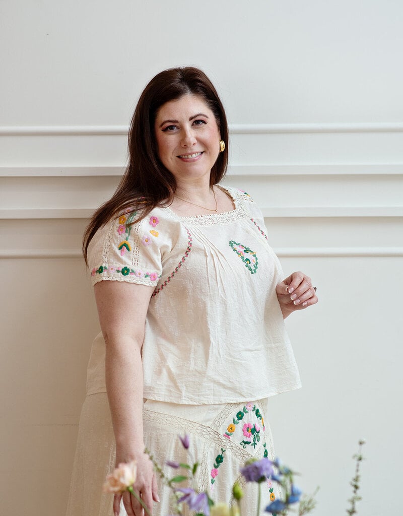 Louizon Wish Embroidered Short Sleeve Blouse in Vanilla