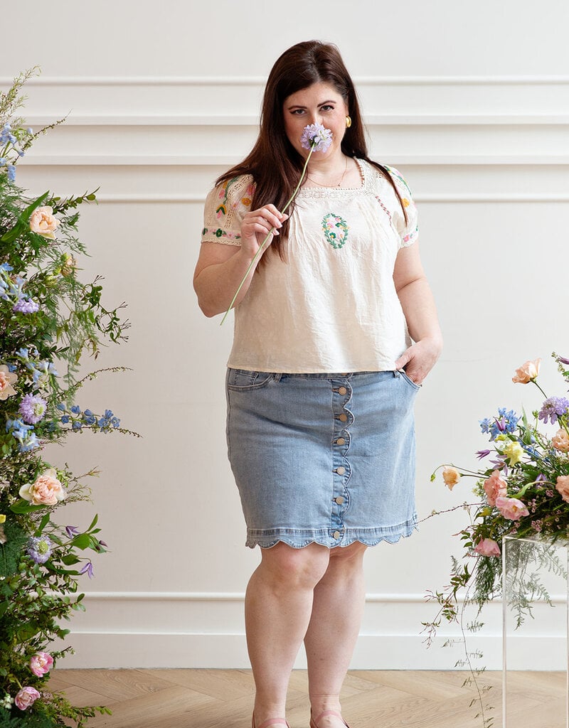 Louizon Wish Embroidered Short Sleeve Blouse in Vanilla