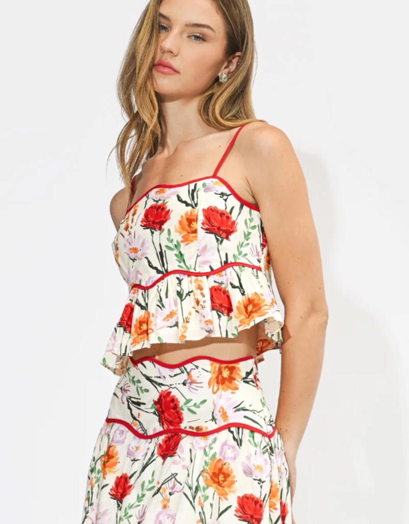 Adelyn Rae Ember Floral Print Peplum Top in Ivory Multi Floral