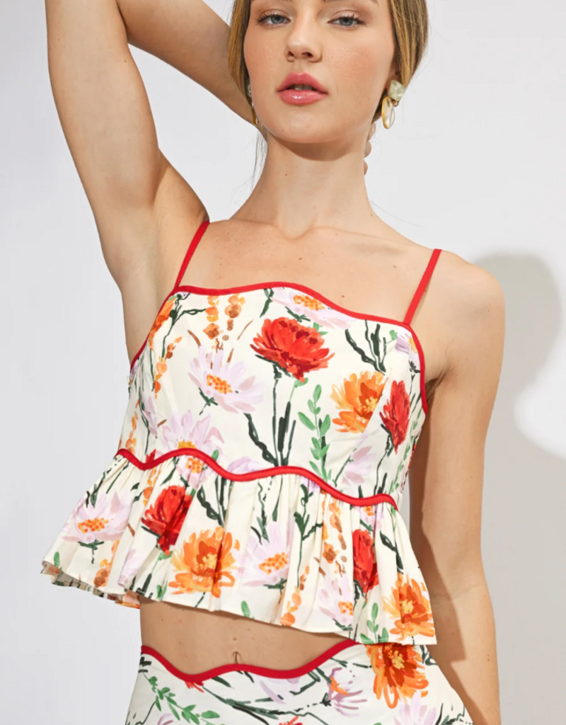 Adelyn Rae Ember Floral Print Peplum Top in Ivory Multi Floral